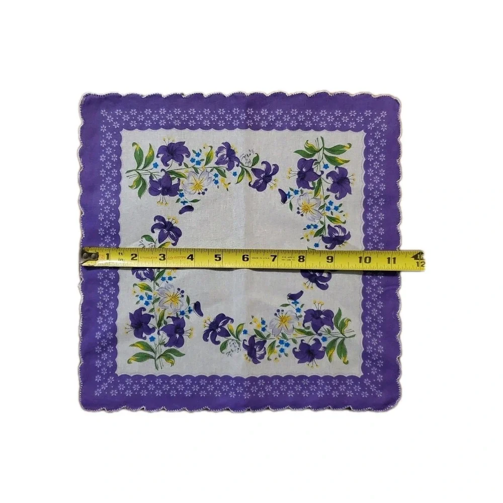 Linen Purple Lily Floral Handkerchief Scalloped Cottage Core Bridesmaid Granny